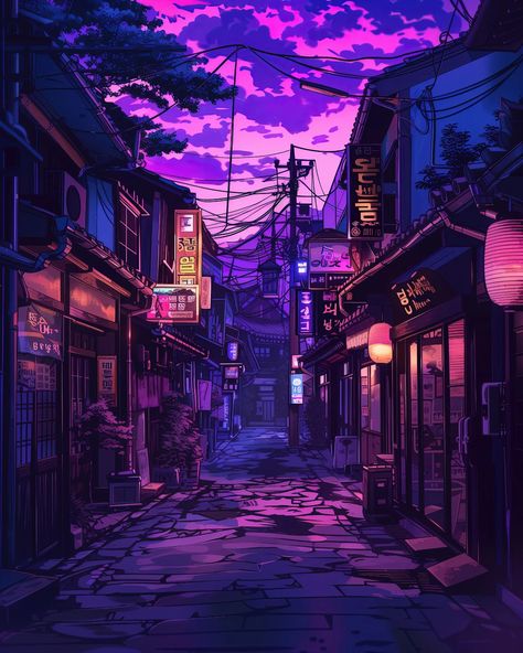 purple streets 💜 ⠀⠀⠀⠀⠀⠀⠀⠀⠀ 🔗 #chillvibes 🔗 #studioghibli 🔗 #nostalgia 🔗 #animelover 🔗 #cozy 🔗 #goodmood 🔗 #lofi 🔗 #korea Japan Purple, Lofi Aesthetic, Purple City, Lo-fi Aesthetic, Amoled Wallpapers, Dreamy Artwork, City Drawing, Cyberpunk Aesthetic, Japan Aesthetic