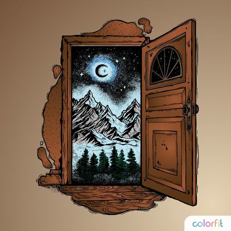 Traveling Drawing, Magic Door Drawing, Fantasy Door Drawing, Portal Door Tattoo, Imaginary World Drawing, Open Doorway Drawing, Door Portal Drawing, Doorway Tattoo, Open Door Drawing