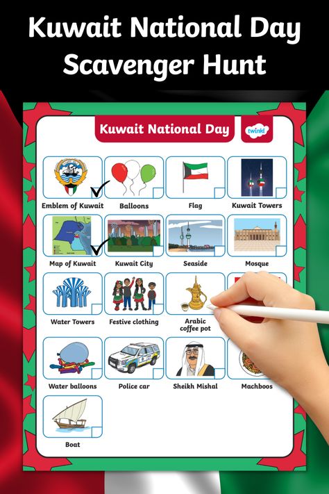 Embark on an exciting journey of discovery with this "Kuwait National Day Scavenger Hunt" activity, an engaging educational resource designed for children aged 4-9. Celebrate Kuwait's rich cultural heritage and national pride in a fun and interactive way that combines learning and play. Children can challenge themselves to tick off as many of the items on the scavenger hunt in the lead up to Kuwait's National Day on February 25th. Kuwait National Day, Kuwait City, Engage Kids, Welcome Back To School, Water Balloons, National Day, Time To Celebrate, Creative Activities, Scavenger Hunt