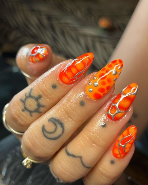 Anarchy Nail Art | Client - “Do whatever you want” OBSESSED 🔥 @nailorder medium almond Xtensions @the_gelbottle_inc blooming gel, gel polish & chrome paint | Instagram Cute Gel Polish Nail Ideas, Melting Nail Design, Nail Inspo Creative, Chrome Blooming Gel Nails, Orange Blooming Gel Nails, Crazy Fun Nails, Fun Colorful Nail Designs, Summer Nails Blooming Gel, Blooming Effect Nails