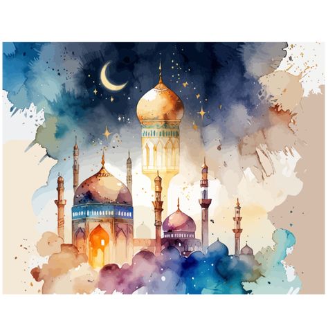 watercolor vector Ramadan and Eid mubarak background with Realistic mosque design#pikbest#Backgrounds Arabic Eid Mubarak, Islamic Moon, Eid Mubarak Arabic, Eid Mubarak Wallpaper, Eid Mubarak Vector, Eid Mubarak Background, Ramadan Celebration, Eid Mubarak Greeting Cards, About Ramadan