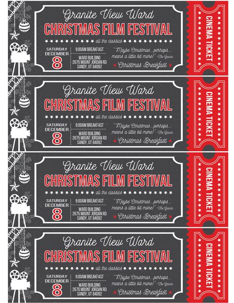 Film festival of classic Christmas movies ward breakfast movie ticket invitation. -by Shaylene Jennings (shaylene.jennings@gmail.com) Movie Ticket Invitations, Summer Movie Night, Lds Christmas, Staff Party, Cinema Ticket, Ward Christmas Party, Christmas Films, Classic Christmas Movies, Movie Themed Party