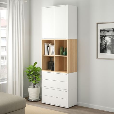 EKET Storage combination with feet, white, white stained oak effect, Length: 27 ½" - IKEA Eket Ikea, Wall Mounted Shelving Unit, Ikea Eket, Movable Shelf, Flexible Furniture, Dining Room Cabinet, Painted Drawers, Stained Oak, White Stain