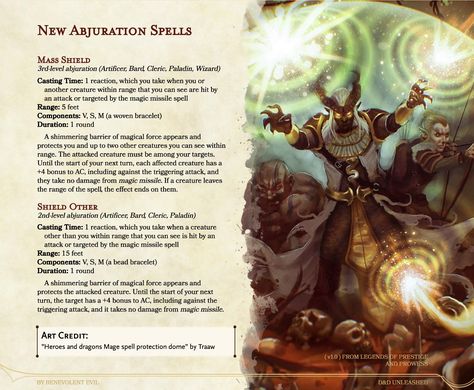 These two new abjuration spells are modeled after the basic 1st-level shield spell, at a higher level due to bounded accuracy concerns.  D&D Unleashed is free and fanmade. See more (including the full article for these spells) at dndunleashed.com, or follow @EvilBenevolent on twitter for the newest updates and answers to questions. You can also find these spells in the homebrew section on D&D Beyond!  #dnd #dndhomebrew Cleric Spells 5e, 5e Spells, Homebrew Spells, Dnd Spells, Dnd Cleric, Blood Magic, Dnd Stats, Dnd Homebrew, Dnd Classes