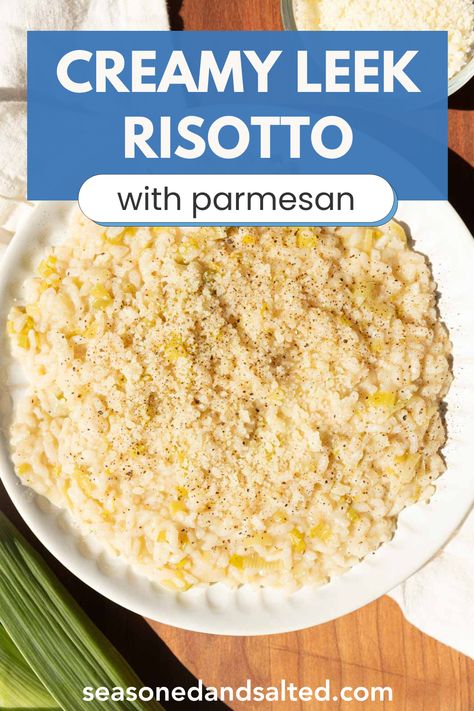 There are few things as luxurious and comforting as a creamy risotto. My homemade risotto recipe with leeks and parmesan is cooked perfectly al dente and has a nice, buttery, creamy consistency. I love to serve this as is, with extra added veggies, or with lemony roast chicken! It's a perfect holiday side dish or comforting vegetarian main dish. Plus, you can fry up leftovers into crispy rice risotto cakes! Leek Recipes Side Dishes, Recipe With Leeks, Leek Risotto, Vegetarian Main Dish, Risotto Cakes, Rice Risotto, Arancini Recipe, Creamy Risotto, Leek Recipes