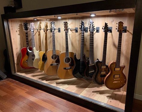 Guitar Display Case, Guitar Shelf, Music Room Design, Guitar Storage, Guitar Display, Home Music Rooms, Guitar Rack, Guitar Room, Home Studio Setup