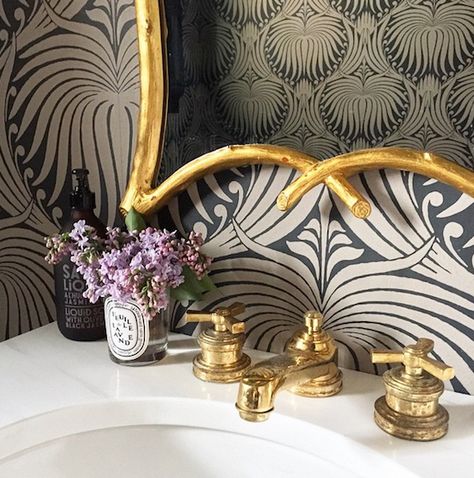 Our Black Glossy Powder Room: Before and After Hollywood Regency Wallpaper, Regency Wallpaper, Regency Bathroom, Hollywood Regency Bathroom, Fine Paints Of Europe, Powder Room Sink, 2017 Wallpaper, Bathroom Details, Custom Sinks