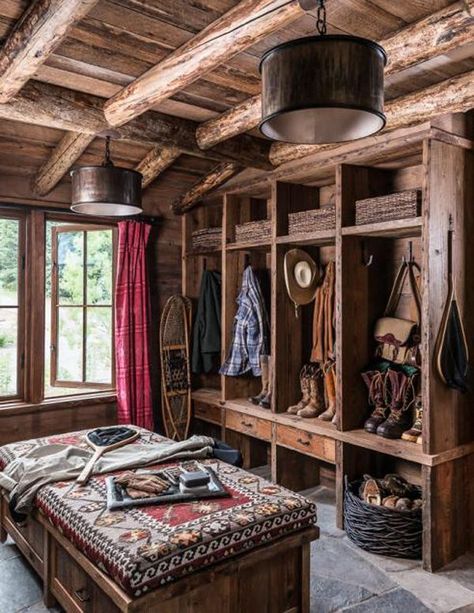 Breathtaking rustic mountain home in Big Sky: Ansel Haus - Mud room ideas Rustic Cabin Interior, Rustic Mountain Homes, Frozen Tundra, Cabin Interior Design, Log Cabin Interior, Hunting Room, Rustic Home Interiors, Rustic Porch, Inspired Interiors