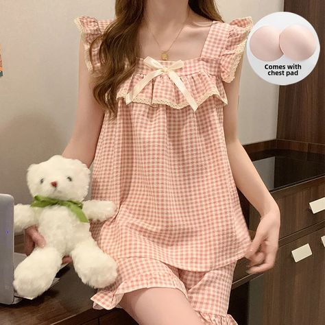 Women's Summer Plaid Tank Top Chest Pad Sleeveless Pajama Set Home Clothes Suitable For Outerwear Hot Season, Plaid Tank Top, Summer Plaid, Home Clothes, Style Tops, Cute Style, Pajamas Set, Collar Designs, Back To School Outfits