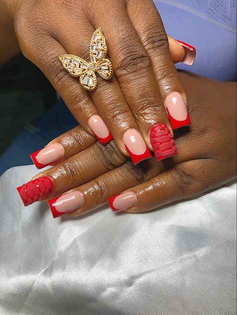 Red nails , short classy nails , 2024 trend Red French Coffin Acrylic Nails, Short Red French Tip Nails, Acrylic French Nails, Precious Nails, Short French Nails, Crocodile Design, Acrylic French, Shape Nails, Red French