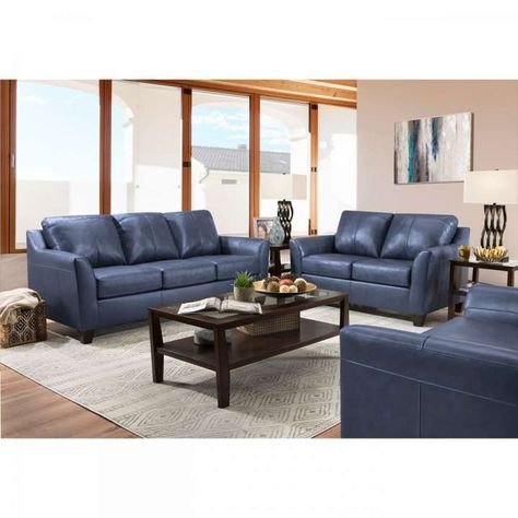 Navy Blue Living Room Furniture, Blue Living Room Furniture, Blue Leather Couch, Blue Living Room Sets, Leather Couch Living Room Decor, Blue Furniture Living Room, Blue Couch Living, Brown Leather Couch Living Room, Blue Sofa Living