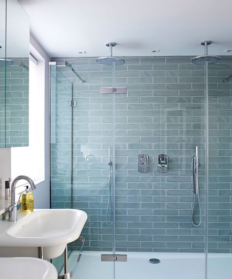 An elegant and charming Victorian terrace | Homes & Gardens Metro Tiles Bathroom, Tile Bathroom Ideas, Glass Tile Bathroom, Aqua Bathroom, Wood Tile Bathroom, Blue Subway Tile, Blue Bathroom Tile, Shower Rooms, Teal Bathroom