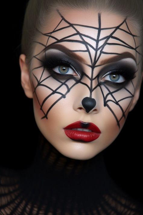 Halloween Spiderweb Sophisticate makeup inspired by spooky forest ambiance Spiderweb Face Paint, Spiderweb Makeup Halloween, Spider Witch Makeup, Spider Makeup Looks, Spider Face Paint, Haunted Overload, Spider Face Painting, Spider Web Makeup, Beautiful Halloween Makeup