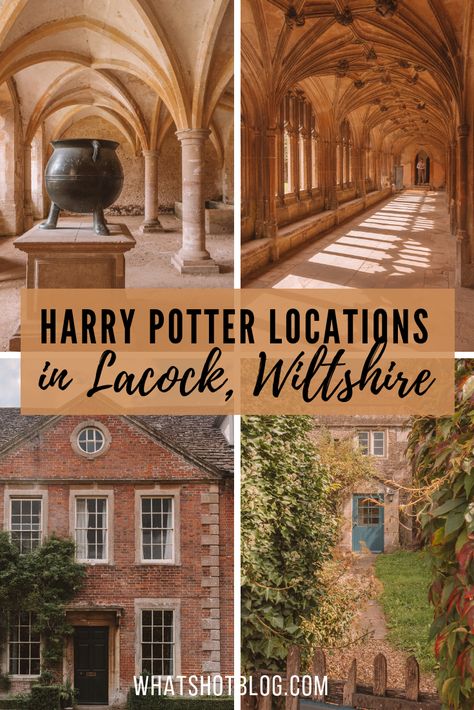 There are many Harry Potter film locations in the quaint British town of Lacock. You'll recognise Lacock Abbey interiors as the Hogwarts corridors and Hogwarts classrooms. The village is also where Harry Potter's parents' home is as well as Slughorn's hideout. Read all about these Harry Potter spots in Lacock, Wiltshire, England. #whatshotblog #harrypotterfan #harrypotter #england #britain #uktravel Harry Potter Film Locations, Lacock Abbey, Harry Potter Locations, Harry Potter Filming Locations, Harry Potter Travel, Wiltshire England, Literary Travel, Film Locations, United Kingdom Travel