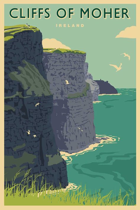 Made with care and pride in Kinsale, County Cork, Ireland by The Canvas Works. From our range of vintage style travel posters of Ireland, this beautifully colorful print features the famous Cliffs of Moher in County Clare. We offer four sizes - 15X20CM, 20X30CM, 30X45CM, 40X60CM.  These sizes are the PRINT SIZE.  The prints are made with a border around them so the glass sizes are 20.3x25.4cm, 30x40cm, 40x55cm and 50x70cm respectively.  We will typically ship the two smallest sizes flat and including a mount.  The 30x45cm and 40x60cm size will ship rolled in a tube.  The glass sizes in INCHES are: 8x10, 12x16, 16x18, 20x28 (glass size = print size plus border/mount).  Each print will be carefully packaged and will be delivered by a trackable mailing service to ensure it arrives safely. All Ireland Artwork, Places Poster, Ireland Cliffs, Ireland Poster, Cliffs Of Moher Ireland, Ireland Aesthetic, Killarney Ireland, Ireland Art, County Cork Ireland