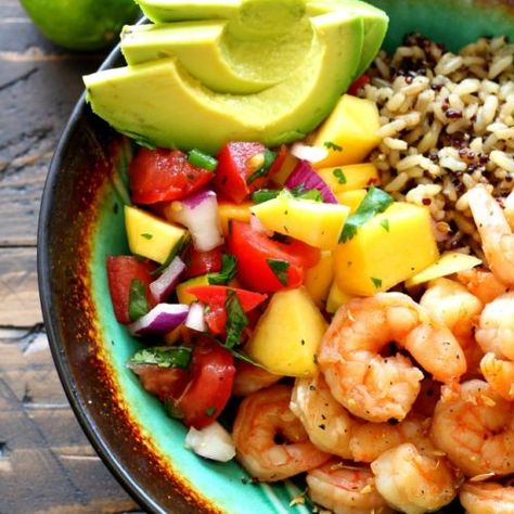 Key West Shrimp Bowls with Mango Salsa - Kim's Cravings Parmesan Crusted Cod, Shrimp Bowls, Shrimp Bowl, Grain Recipes, Lime Shrimp, Cod Recipes, Rice Grain, Meal Prep Bowls, Mango Salsa