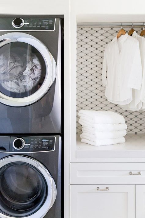 Room 101 : Laundry Room - Room for Tuesday Blog Laundry Room Stackable, Washer Dryer Laundry Room, White Laundry Room, Stackable Laundry, Grey Laundry Rooms, Stacked Laundry Room, Laundry Room Storage Shelves, Small Laundry Room Organization, Room Storage Diy