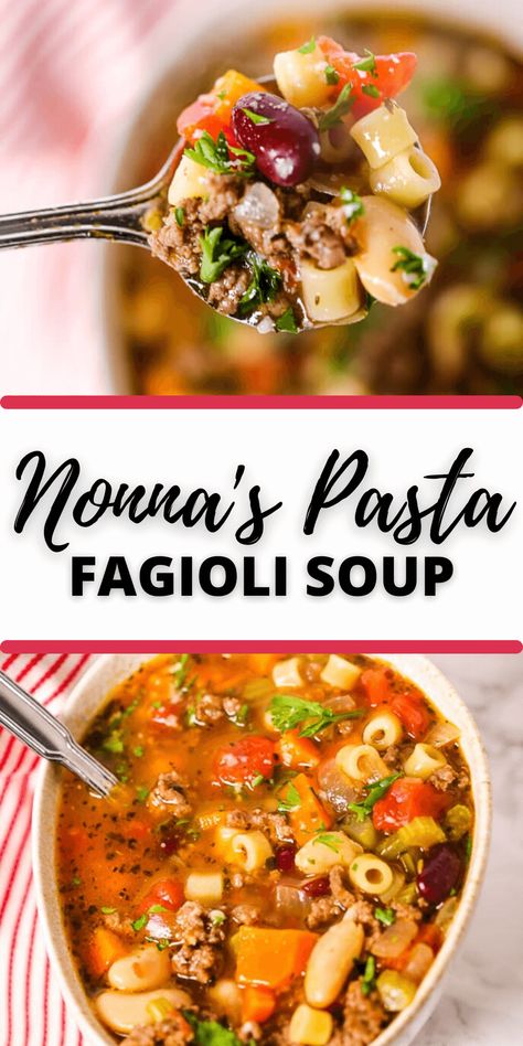 Nonna's Pasta Fagioli soup, an Italian peasant dish made with pasta and beans, is warm and satisfying. This easy copycat Olive Garden Pasta Fagioli recipe made in 30 minutes. Plus, it's a great freezer meal. #30minuterecipe #itisakeeper #soup #beef #copycat Pasta Fasul Soup, Stratchatelli Soup, Fido Soup Recipes, Pasta De Figoli Soup, Pasta Fagioli With Ground Beef, Pasta Fragility, Pasta Fagioli Recipe Traditional, Figoli Soup, Pasta Fasul Recipe