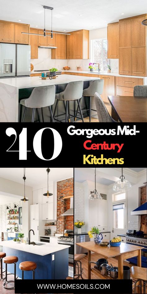 Transform your space with 40 gorgeous mid-century kitchens featuring sleek lines, warm woods, and retro charm. Get inspired—visit our site for stunning kitchen ideas! Mid Century Kitchen Painted Cabinets, Mid Century Oak Kitchen, Modern Retro Interior Design Kitchen, Mid Century Kitchen White Cabinets, Mid Century Kitchen Backsplash Tile, Post Modern Kitchen Design, Mid Century Rustic Kitchen, Mid Century Modern Kitchen With Island, Mid Century Modern Countertops