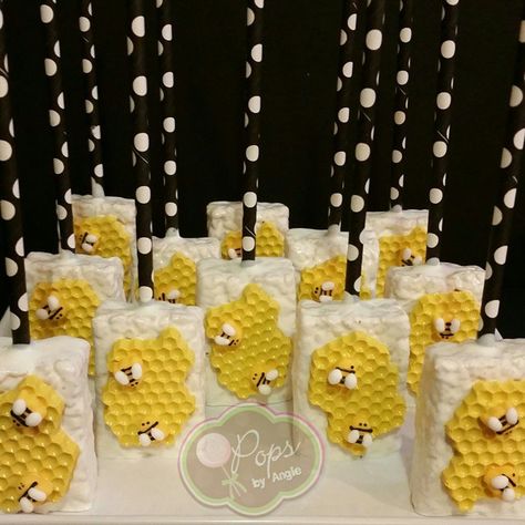 Rice krispies, white chocolate, bees, sticks, yellow choc, bubble wrap Bee Rice Krispie Treats, Bee Themed Birthday Party, Bumble Bee Decorations, Honey Bee Baby Shower, Bee Theme Party, Bee Gender Reveal, Bee Birthday Party, Bee Baby Shower Theme, Krispy Treats