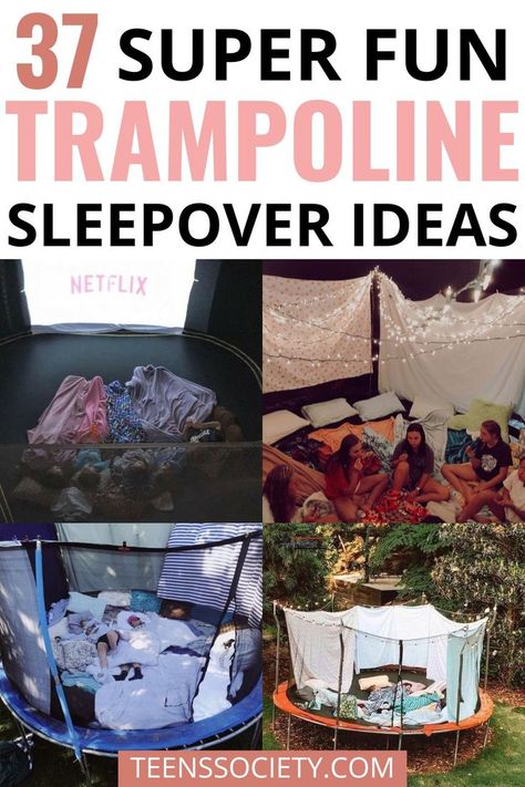 37 super fun trampoline sleepover ideas Trampoline Sleepover Ideas, Aesthetic Sleepover, Trampoline Sleepover, Trampoline Birthday Party, Trampoline Pad, Fun Sleepover Activities, Backyard Movie Party, Trampoline Tent, Backyard Hangout