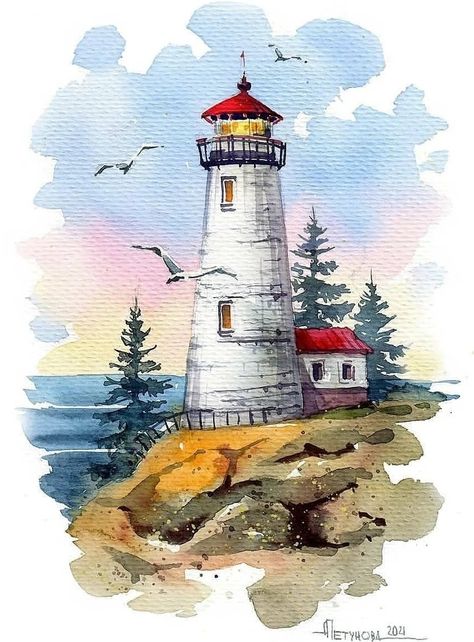 Watercolor Scenery, Watercolor Art Landscape, Watercolor Paintings Nature, Lighthouse Painting, Lighthouse Art, Canvas Painting Ideas, Soyut Sanat Tabloları, Landscape Art Painting, 수채화 그림