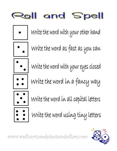 Roll and Spell spelling game-i like this but will change the tasks for each number for older grades Spelling Games 2nd Grade, Spelling Review Games, Spelling Games 3rd Grade, Spelling Word Games, Spelling Dictionary, Spelling Word Activities, Spelling Word Practice, Spelling Ideas, 3rd Grade Spelling