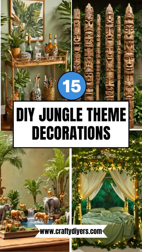 Jungle Themed Office Decor, Diy Jungle Decorations, Diy Jungle Theme Decorations, Jungle Theme Decoration Ideas, Chicken Coop Designs Diy, Diy Entry Table, Decoration Jungle, Jungle Theme Decorations, Jungle Theme Birthday Party