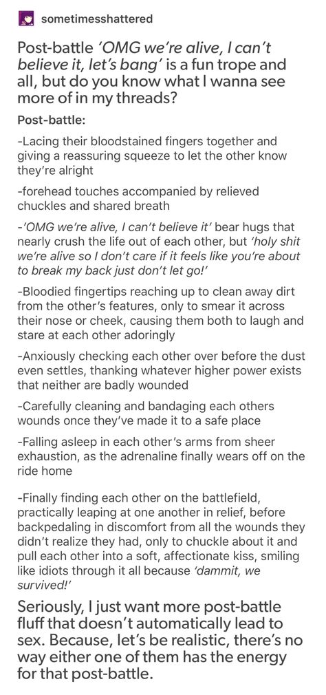 Now imagine your protagonist(s) watching your antagonist get this kind of reunion after a battle. Otp Prompts Tension, Protagonist Writing Tips, How To Write Conflict, Battle Writing Prompts, Character Pet Peeves List, Character Pet Peeves, Cyberpunk Writing Ideas, Building Tension In Writing, Imagine Your Oc Writing Prompts