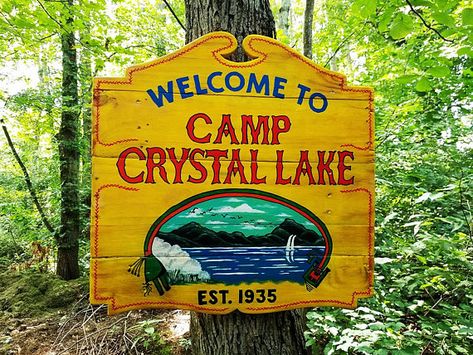 Camp Crystal Lake - Friday the 13th at 8pm! Camp Crystal Lake Sign, Hanging Wood Signs, Horror Room, Camp Crystal Lake, Horror Party, 80s Horror, Horror Decor, Lake Signs, Horror Themes