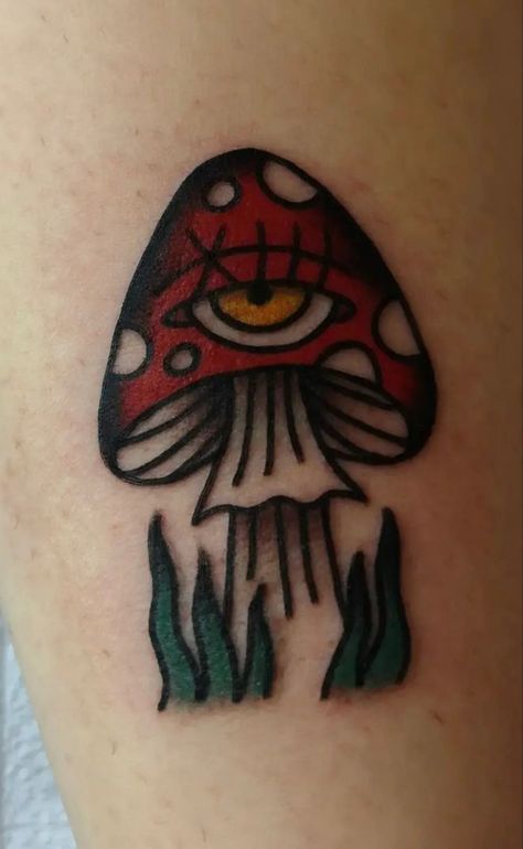 Trad mushroom by Dom @obscura613 #aesthetic #tiktok #tattoo #mushrooms #mushroomtattoo #mushroomdesign #mushroom #traditionaltattoo #traditionalart #tradart #ottawa Mushroom Tattoo Ideas For Men, Magic Mushroom Tattoo Design, Trad Mushrooms Tattoo, Old School Mushroom Tattoo, Mushroom Tattoo Sleeve, Traditional Mushroom Tattoo, Shroom Tattoo, Mushrooms Tattoo Design, Mushrooms Tattoo