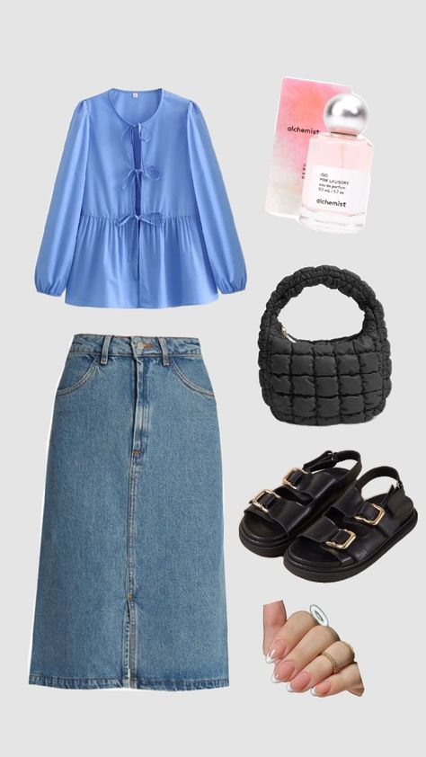 simple jeans skirt outfit Skirt Outfit Layout, Modest Summer Outfits Christian Casual, Modest Jean Skirt Outfits, Outfits Muslim, Jean Skirt Outfits, Modest Summer Outfits, Organic Style, Outfit Layout, Minimal Outfit