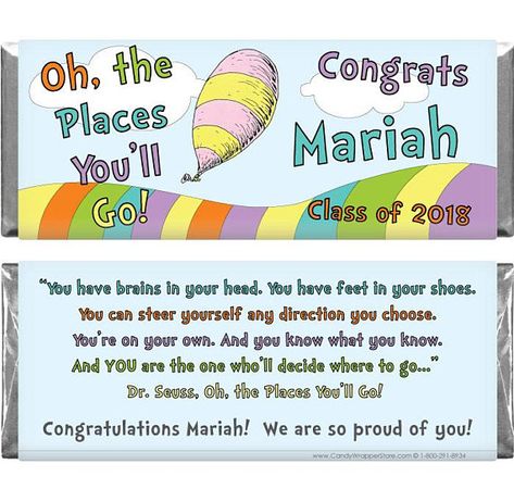 Printable - Oh, the Places You'll Go Graduation Personalized Candy Bar Favors Dr Seuss Graduation Party, Graduation Candy Wrappers, Candy Bar Favors, Graduation Preschool, Graduation Candy Bar, Graduation Book, Personalized Candy Bars, Graduation Printables, Hershey Candy Bars