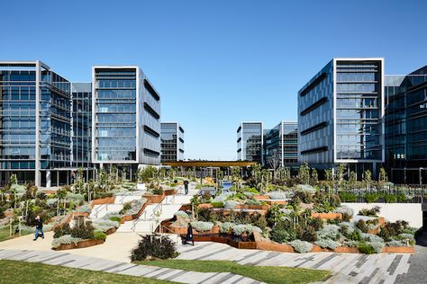 A sustainable business park designed for employee wellbeing | Architecture & Design Outdoor Meeting Space, Lakeside View, Park Design, Park Landscape, Public Realm, Industrial Park, Architecture Concept Drawings, Renewable Sources Of Energy, Landscape Features