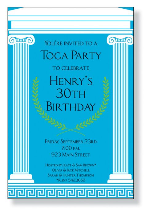 Greek Invitation Design, Toga Party Invitations, Greece Theme Party, Mythology Birthday Party, Greek Party Ideas, Greek Toga Party, Greek Mythology Birthday, Toga Theme, Toga Party Ideas