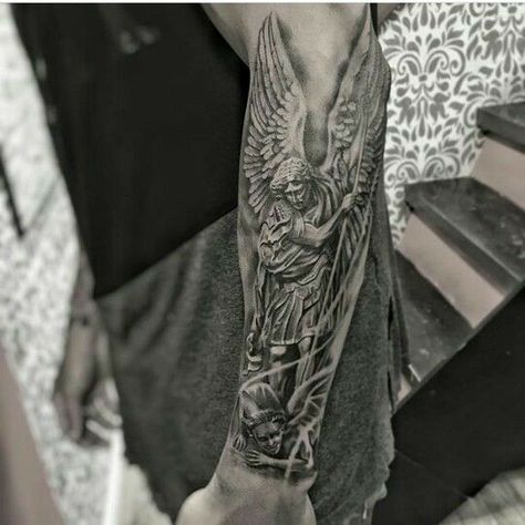 Mens Small Tattoos With Meaning, Religious Tattoo Sleeves, Holy Tattoos, Portrait Tattoo Sleeve, St Michael Tattoo, Biblical Tattoos, Archangel Tattoo, Creative Tattoo, Men Tattoos Arm Sleeve