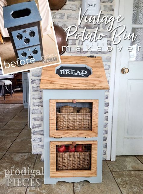 This thrifted vintage potato bin reallllly needed a makeover to update and revive it. Tutorial by Larissa of Prodigal Pieces | prodigalpieces.com #prodigalpieces Potato Bin, Diy Furniture Restoration, Add Storage, Bread Box, Furniture Restoration, Raw Wood, Free Plan, Vintage Farmhouse, Rustic Style