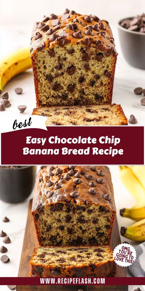 Looking for a simple yet delicious treat to enjoy with your morning coffee? This Easy Chocolate Chip Banana Bread Recipe combines ripe bananas with rich chocolate chips for a delightful snack. Save this recipe for your next baking adventure and impress your friends with your banana bread skills! Over Ripe Banana Recipes, Banana Bread No Eggs, Easy Chocolate Chip Banana Bread, Coffee Banana Bread, Homemade Banana Bread Easy, Choc Chip Banana Bread, Chocolate Bread Recipe, Chocolate Chip Banana Bread Recipe, Ripe Banana Recipe