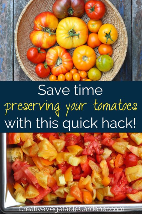 text: save time preserving tomatoes with this quick hack. photos: colorful tomatoes in a bowl, tomatoes chopped in a pan Saving Tomatoes, Tomatoes Preserving, Growing Vegetables At Home, Preserving Tomatoes, Kitchen Gardening, Food Preserving, Canning Pickles, Preserving Herbs, Canning Vegetables