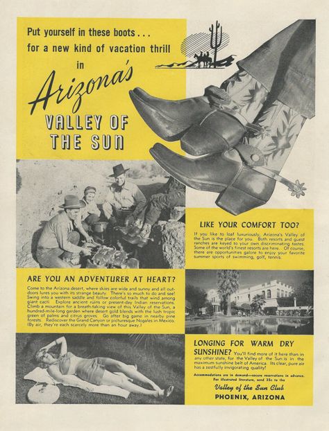 Oh goodness. Phoenix, AZ Original 1946 Vintage Print Ad w/ Photos of Western Resorts, Guest Ranches, Dude Ranches, Cowboy Boots w/ Spurs, Campfire Vintage Wrangler Ads, Vintage Western Graphic Design, Vintage Cowboy Illustration, Phoenix Arizona Aesthetic, Western Magazine, Arizona Cowboy, Arizona Print, Tourism Ads, Arizona History