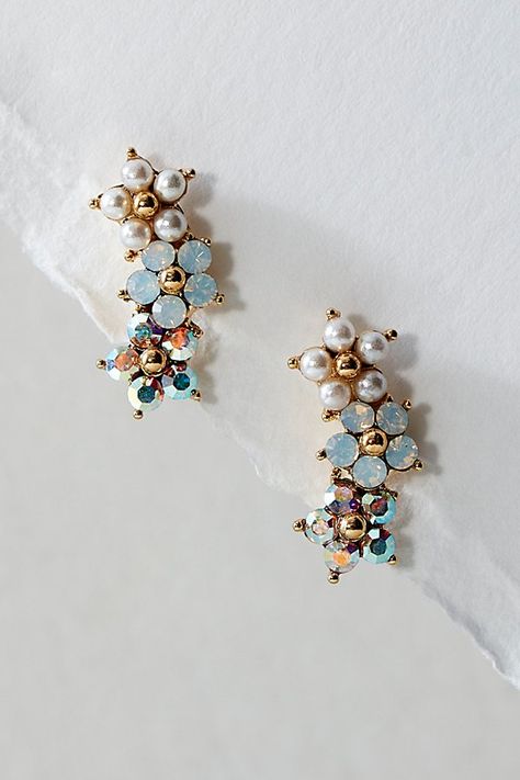 The perfect pair to place on your lobe or another location on your ear, these super versatile climber earrings features a cluster of florals in a sweet and dainty design. * 0.6" * Sterling Silver Posts * Crystals * Tiny Glass Pearls * Gold-Plated Base Metal | Lover's Tempo Floral Climber Earrings at Free People in Gold Diamond Climber Earrings, Simple Wedding Earrings, Unique Wedding Jewelry, Unique Bridal Jewelry, Ear Climbers Earrings, Climber Earrings, Accessories Jewelry Earrings, Ear Jewelry, Wedding Earrings