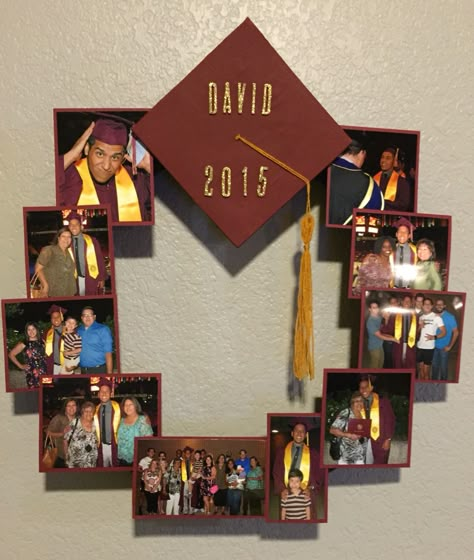 Graduation Photo Collage Ideas, Photo Collage Graduation Cap, Graduation Photo Frame Ideas, Graduation Photo Collage Template, Diy Graduation Party Ideas, Graduation Photo Frame Prop, Graduation Invitations Diy, Diy Graduation Party, Photo Wreath