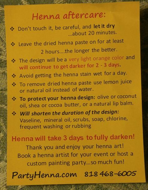 Henna Aftercare Instructions Henna After Care Instructions, Henna Aftercare Instructions, Henna Business Ideas, Henna Care Instructions, How To Get Henna Off Skin, Henna Recipe For Skin, Henna Diy Design, How To Make Henna Last Longer, Homemade Henna Recipe