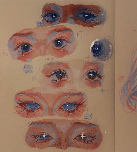 Beautiful Eye Drawing Sketches, Pretty Gouache Paintings, Eye Cute Drawing, Drawing Studies Sketches Art Sketchbook, Gouache Painting Practice, How To Draw Beautiful Eyes, Makeup Painting Art, Dreamy Eyes Drawing, Art And Design Aesthetics