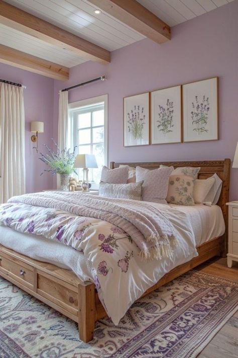 Lilac And Brown Bedroom, Lavender Walls Bedroom Ideas, Lilac Master Bedrooms Decor, Lavender And Brown Bedroom, Bedroom With Lavender Walls, Lavender Themed Room, Lavender Themed Bedroom, Calming Bedroom Design, Lavender Wall Bedroom