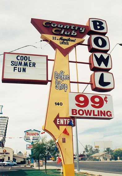 Bowling Alley in Mesa, AZ. Photo taken in the mid 90s. Photo by Dave Bravenec 70s Bowling Alley, Vintage Bowling Alley Aesthetic, 90s Bowling Alley, Bowling Alley Outfit, Bowling Alley Aesthetic, Retro Bowling Alley, 70s Lookbook, Vintage Bowling Alley, Googie Signs