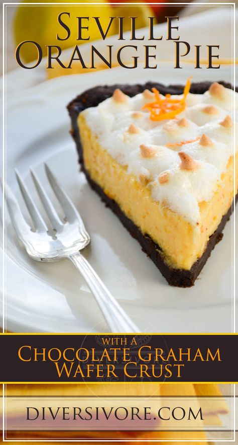 Sour Orange Pie Recipe, Sour Orange Pie, Orange Pie Recipe, Graham Wafer Crust, Fall Pies Recipes, Fluffy Meringue, Orange Pie, Meringue Topping, Seville Orange