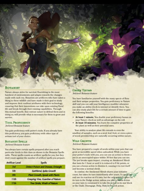 Dnd Artificer Spells, Dnd Botanist, Dnd Artificer Homebrew, Dnd Artificer Alchemist, Artificer Subclass 5e, Artificer 5e, Dnd Classes Homebrew, Artificer Specialist, Artificer Dnd