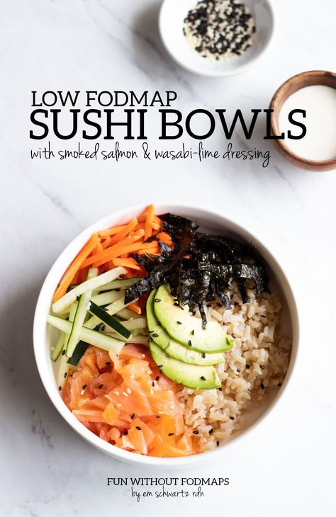 Low Fodmap Buddha Bowl, Salmon Low Fodmap, Low Fodmap Rice Bowl, Smoked Salmon Sushi Bowls, Smoked Salmon Rice Bowl, Low Fodmap Salmon, Fodmap Veggies, Low Fodmap Desserts, Low Fodmap Lunch