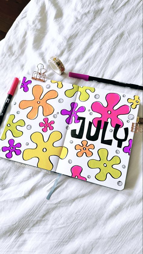 Bujo Page Inspiration, Cute Page Designs, July Bullet Journal Cover Ideas, Journal About Me Page Ideas, Journaling Cover Ideas, Spongebob Bullet Journal, July Cover Page Bullet Journal, July Journal Page, May Cover Page Bullet Journal